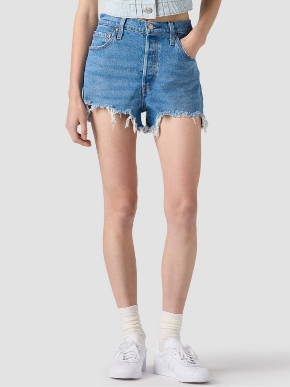Levi's 501 Medium Blue Distressed High-Rise Denim Shorts